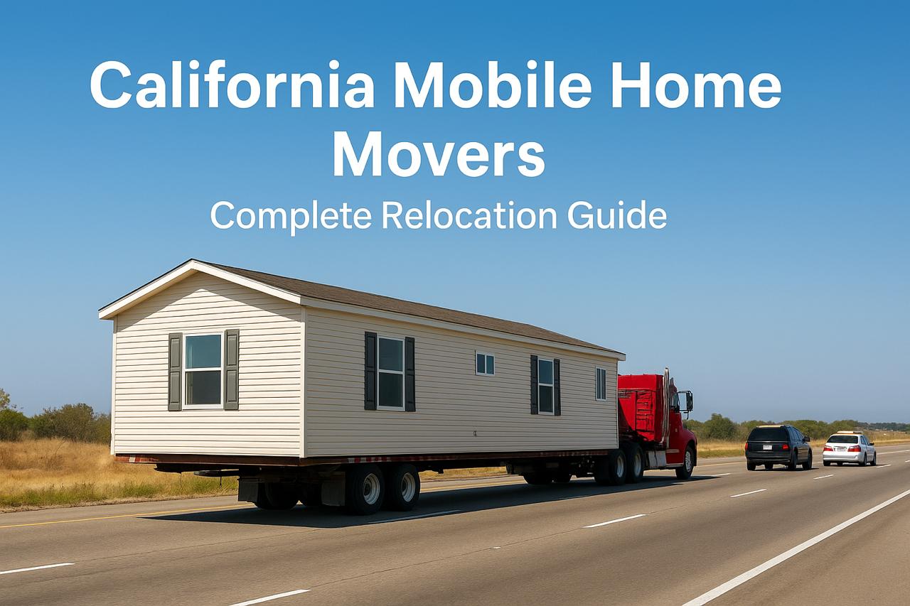 Mobile home being transported on a highway in California with escort vehicles under a clear sky