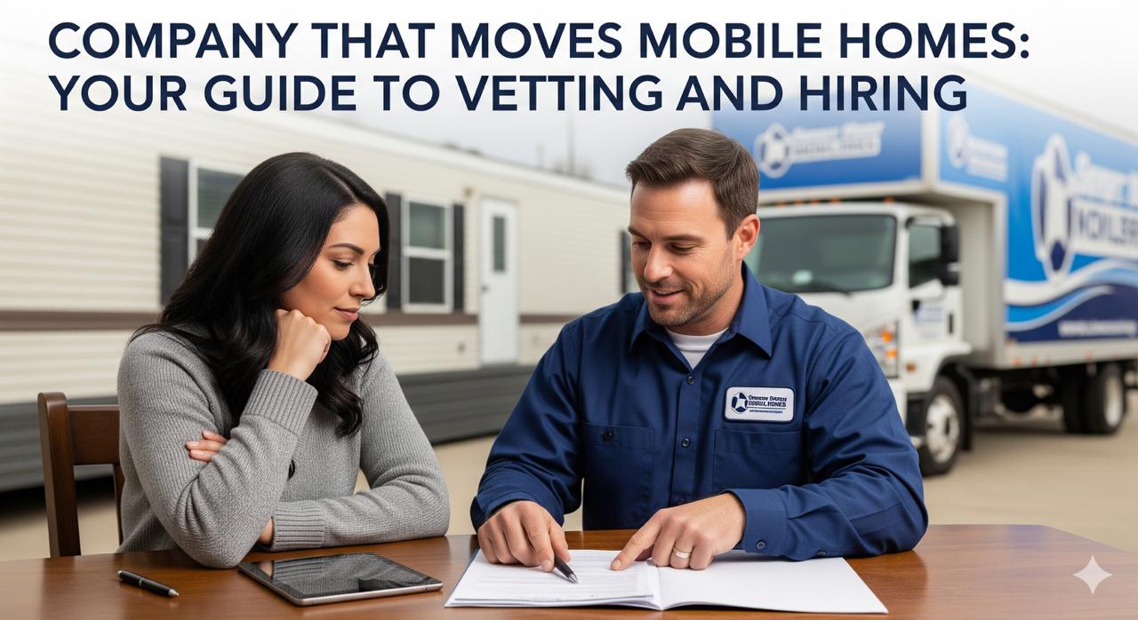A professional mobile home moving company transporting a home on a trailer
