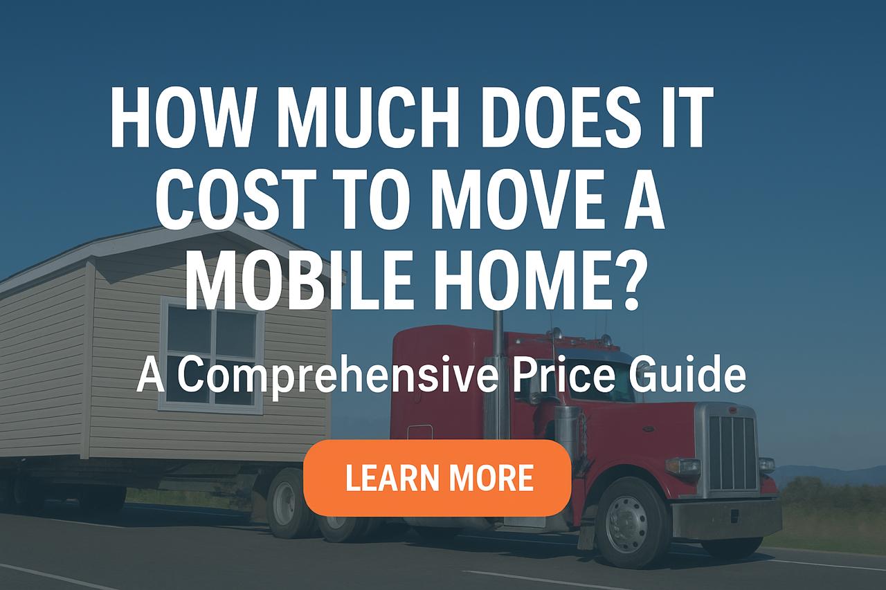 A mobile home being hauled by a truck with cost and pricing icons overlaid for a moving price guide