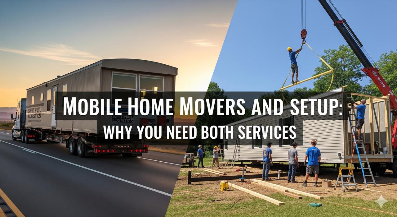 A mobile home being transported and professionally set up on its new foundation