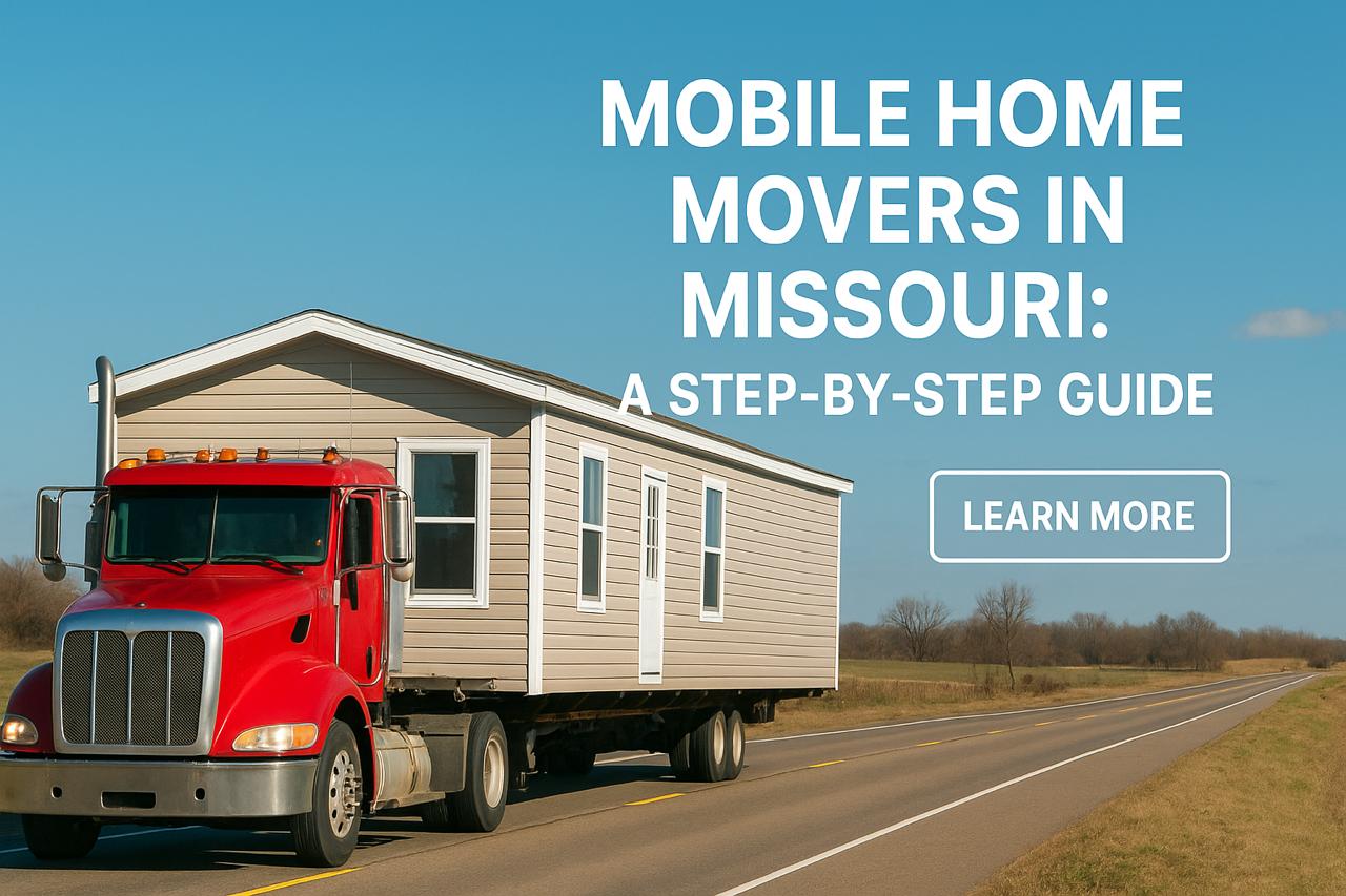 Semi-truck hauling a mobile home on a Missouri highway with open fields in the background