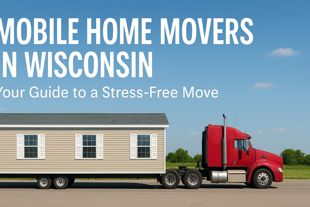 Red semi-truck transporting a beige mobile home across Wisconsin under a clear blue sky