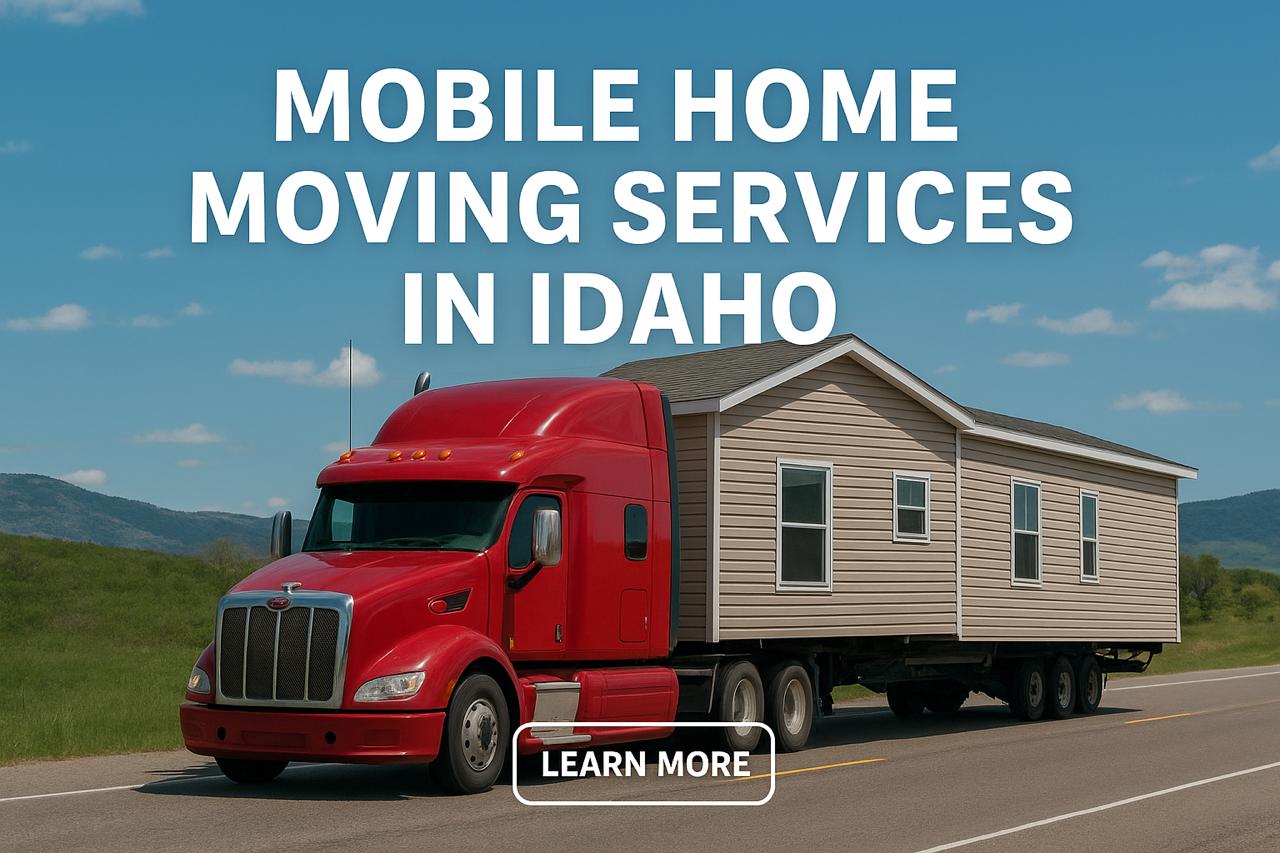 A mobile home being hauled by a semi-truck through Idaho with mountains in the background