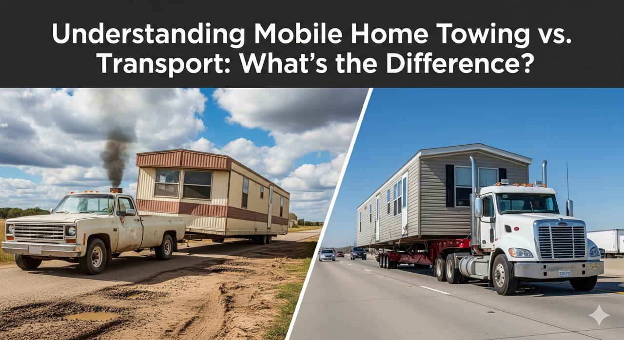 A mobile home on a specialized transport truck compared to a standard tow truck