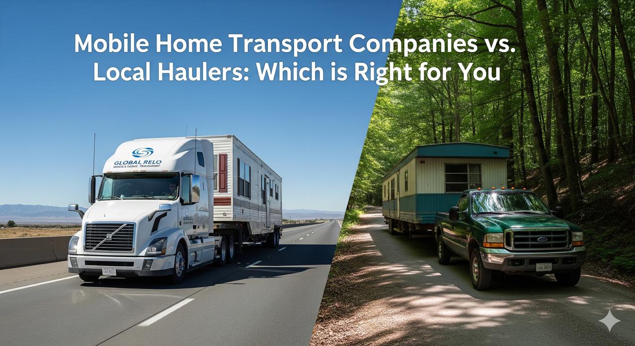 A mobile home being hauled on a truck contrasted with a professional transport crew