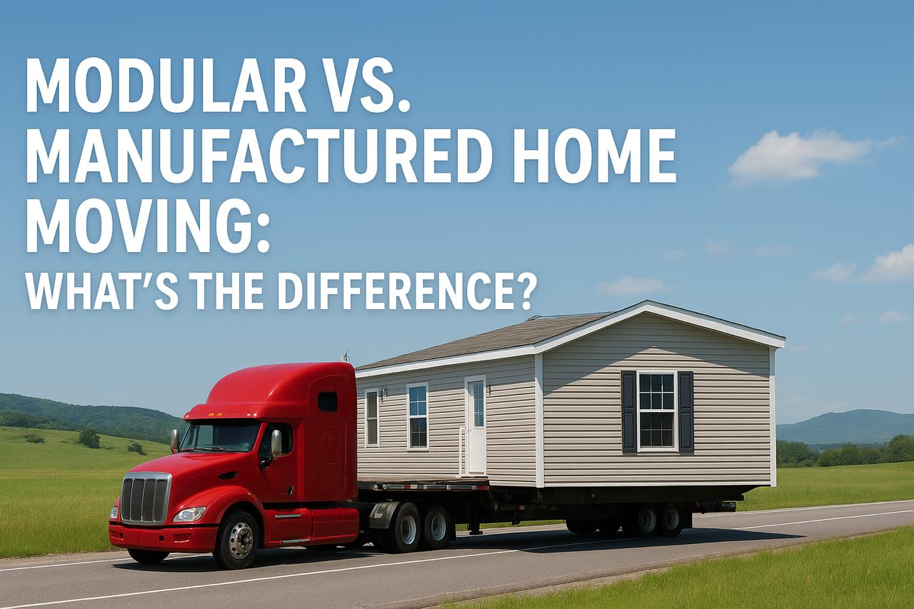 Side-by-side comparison of a manufactured home on wheels and a modular home being assembled on a foundation