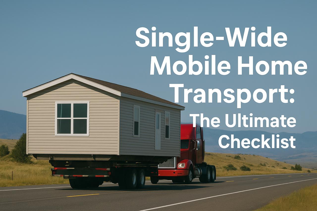 A single-wide mobile home loaded on a trailer being transported to a new location