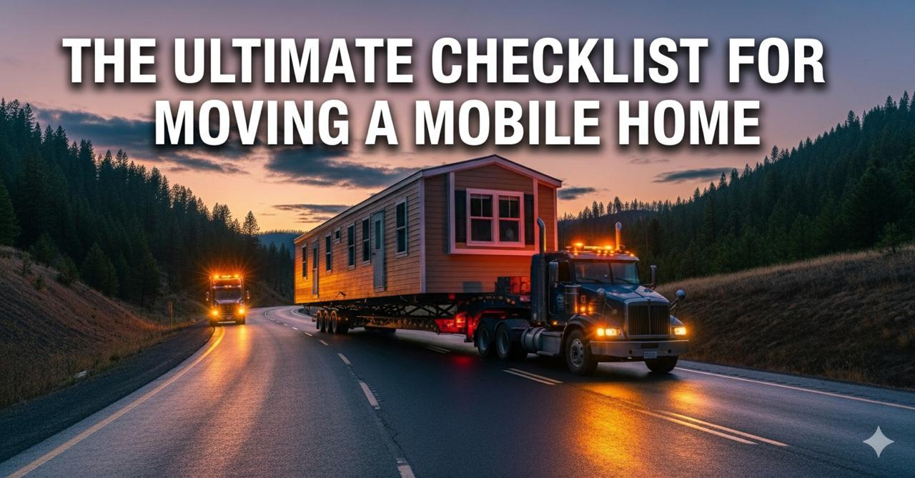 A mobile home being prepared for transport with a checklist overlay graphic