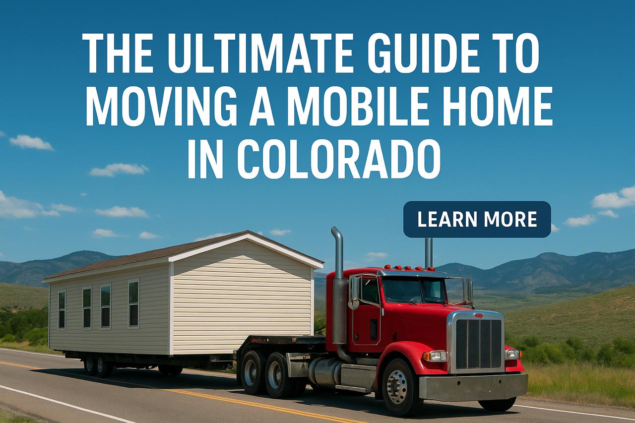 A mobile home being hauled by a truck through the Colorado mountains under a clear sky