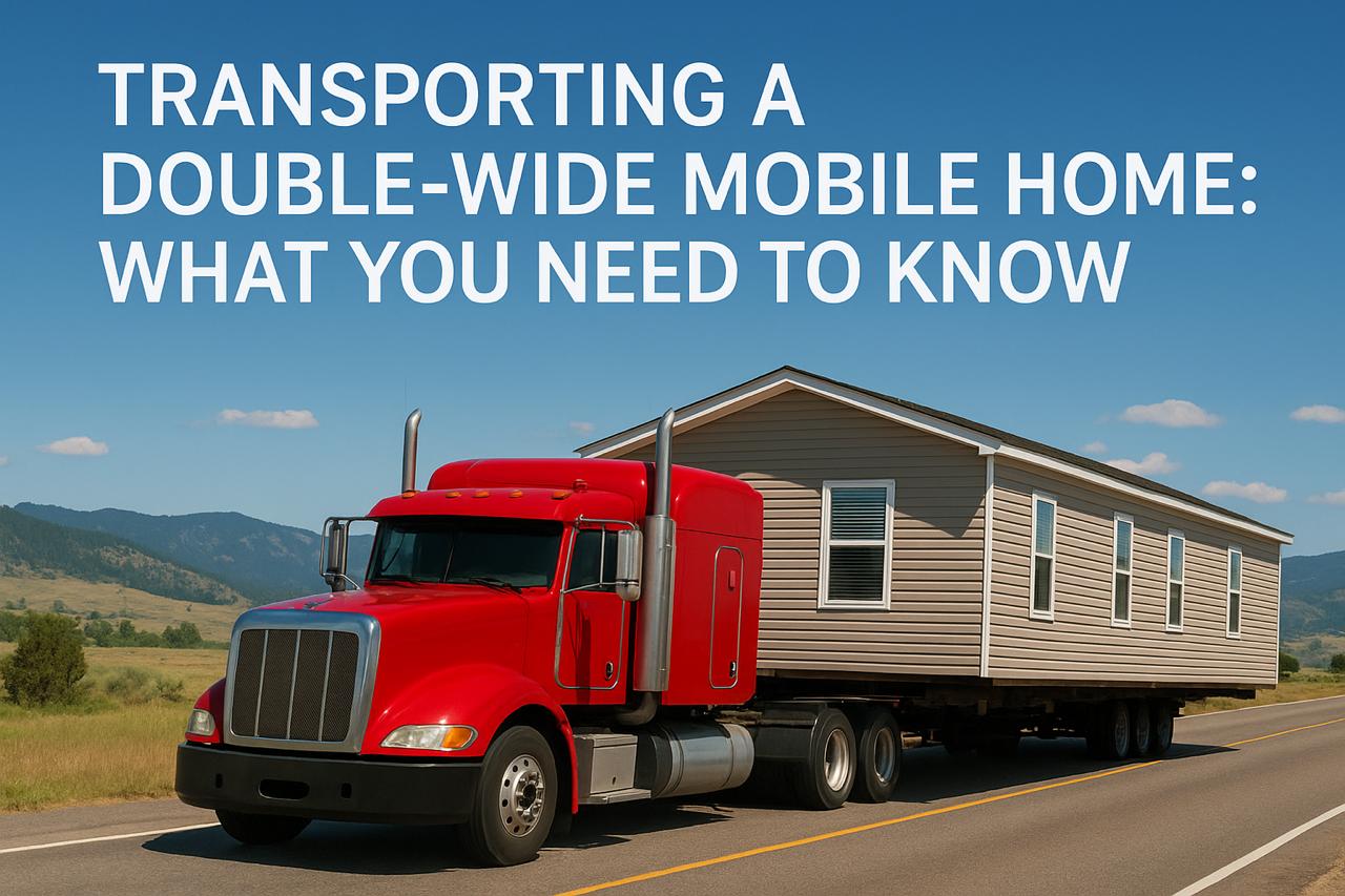 A double-wide mobile home being hauled in two sections by trucks with escort vehicles on a highway