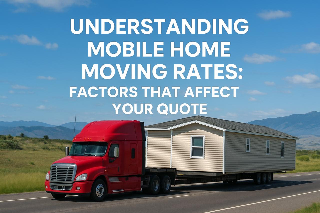 A mobile home being transported on a truck with cost factors illustrated around it