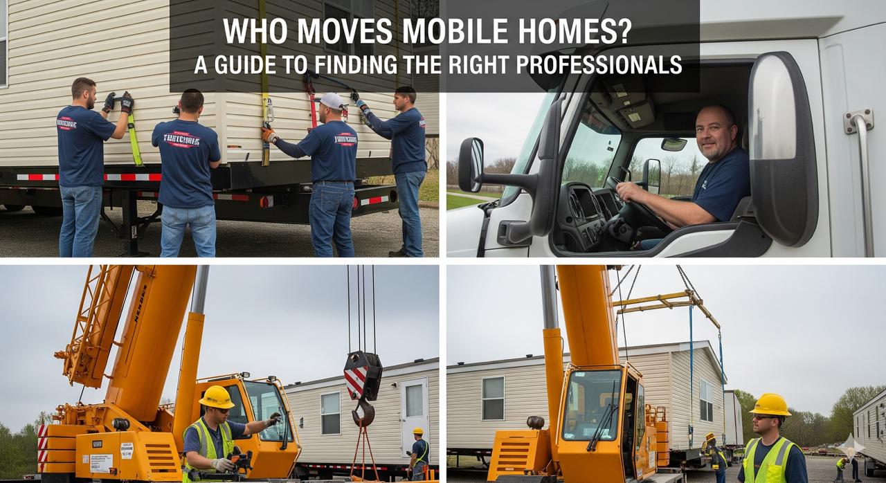 A licensed mobile home mover transporting a mobile home on a trailer